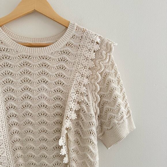 Anthropologie Kachel Shimmer Crochet Sweater Tee Cream M - Picture 6 of 11